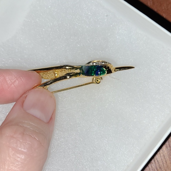 Hummingbird Brooch Green & Blue Enamel & Crystal Rhinestones Bird of Paradise 2" - Picture 7 of 8